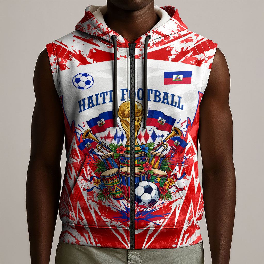 Custom Haiti Football Champions Sleeveless Zip Hoodie Haitian Soccer Fan - Tanbou Drums Tropical Flowers