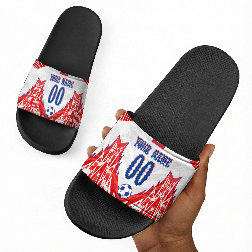 Custom Haiti Football Champions Slide Sandals Haitian Soccer Fan - Tanbou Drums Tropical Flowers