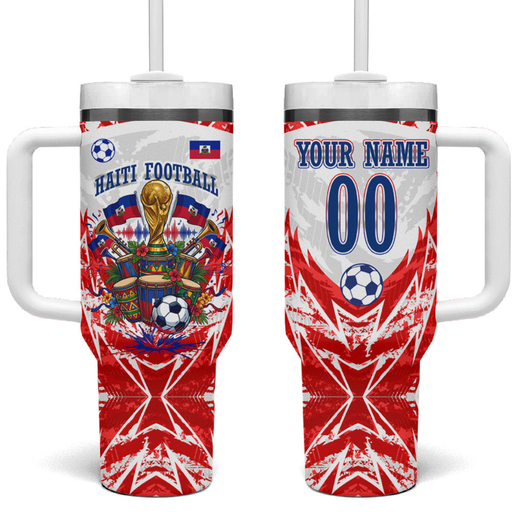 Custom Haiti Football Champions Tumbler With Handle Haitian Soccer Fan - Tanbou Drums Tropical Flowers