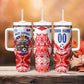 Custom Haiti Football Champions Tumbler With Handle Haitian Soccer Fan - Tanbou Drums Tropical Flowers