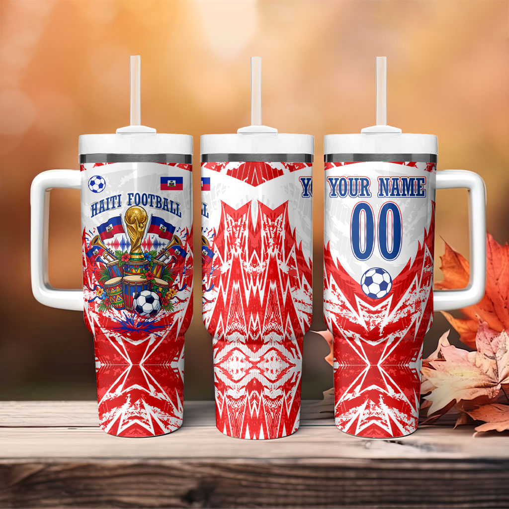 Custom Haiti Football Champions Tumbler With Handle Haitian Soccer Fan - Tanbou Drums Tropical Flowers