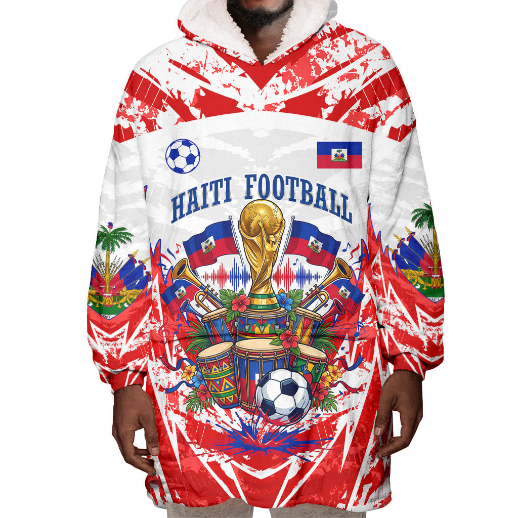 Custom Haiti Football Champions Wearable Blanket Hoodie Haitian Soccer Fan - Tanbou Drums Tropical Flowers