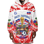 Custom Haiti Football Champions Wearable Blanket Hoodie Haitian Soccer Fan - Tanbou Drums Tropical Flowers