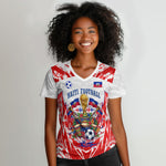 Custom Haiti Football Champions Women V-Neck T-Shirt Haitian Soccer Fan - Tanbou Drums Tropical Flowers