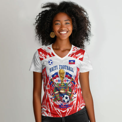 Custom Haiti Football Champions Women V-Neck T-Shirt Haitian Soccer Fan - Tanbou Drums Tropical Flowers