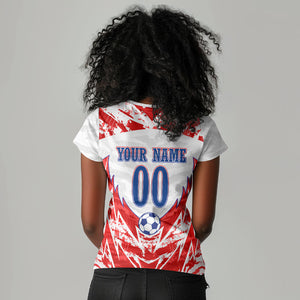 Custom Haiti Football Champions Women V-Neck T-Shirt Haitian Soccer Fan - Tanbou Drums Tropical Flowers