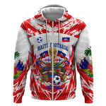 Custom Haiti Football Champions Zip Hoodie Haitian Soccer Fan - Tanbou Drums Tropical Flowers