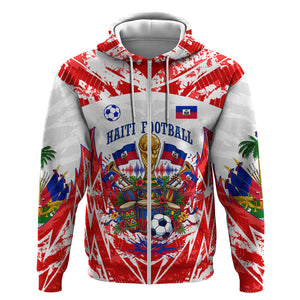 Custom Haiti Football Champions Zip Hoodie Haitian Soccer Fan - Tanbou Drums Tropical Flowers