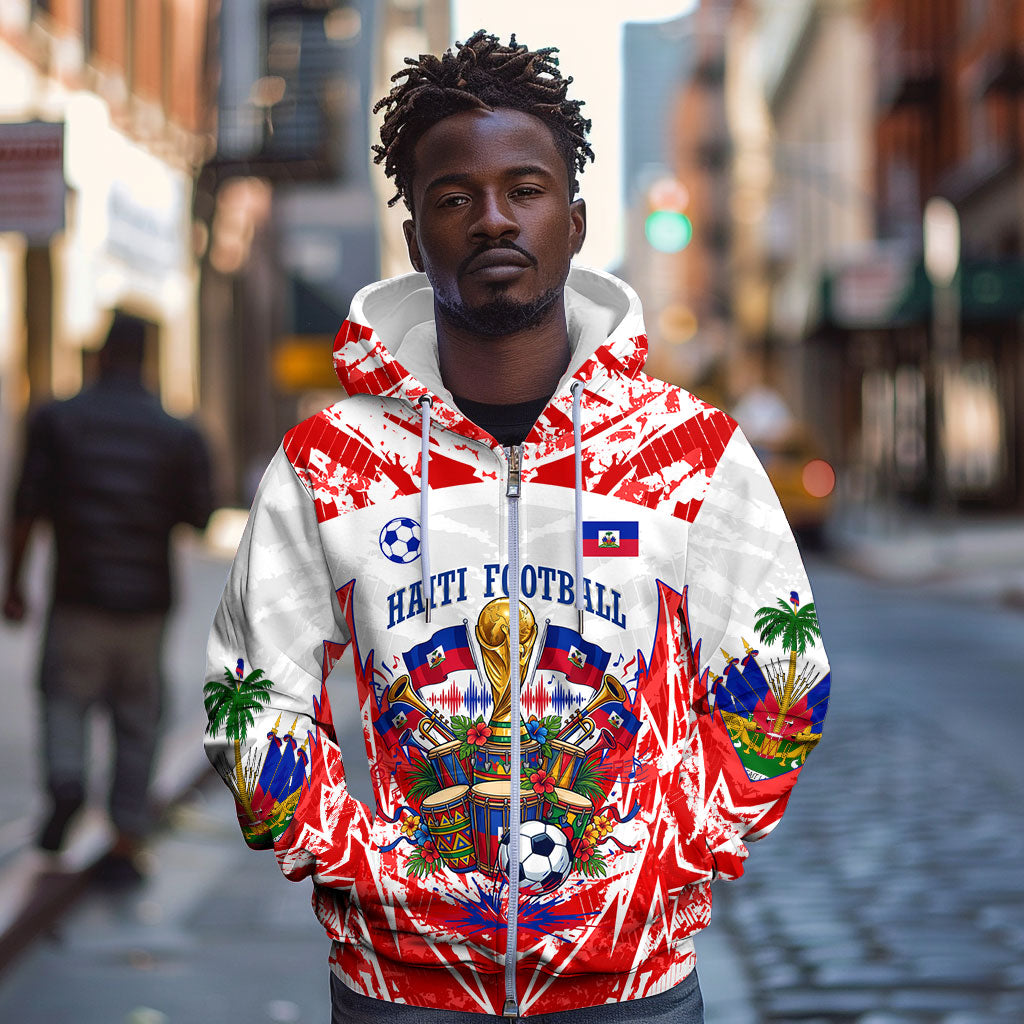 Custom Haiti Football Champions Zip Hoodie Haitian Soccer Fan - Tanbou Drums Tropical Flowers