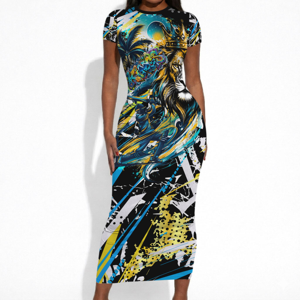 Saint Lucia Kings Cricket Short Sleeve Bodycon Dress Born To Lead Caribbean Cricket Graffiti Splash Art