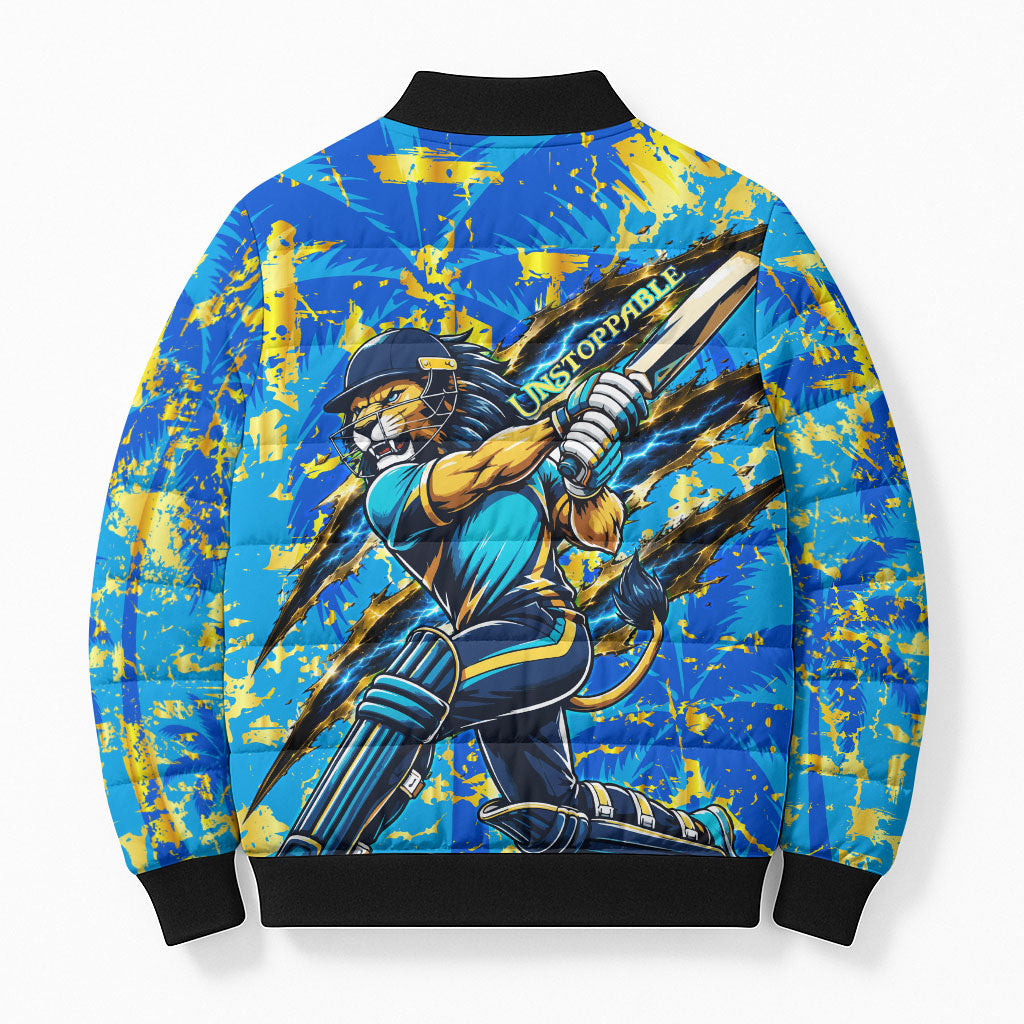 Saint Lucia Cricket Bomber Puffer Jacket Kings Lion Unstoppable Mascot Art