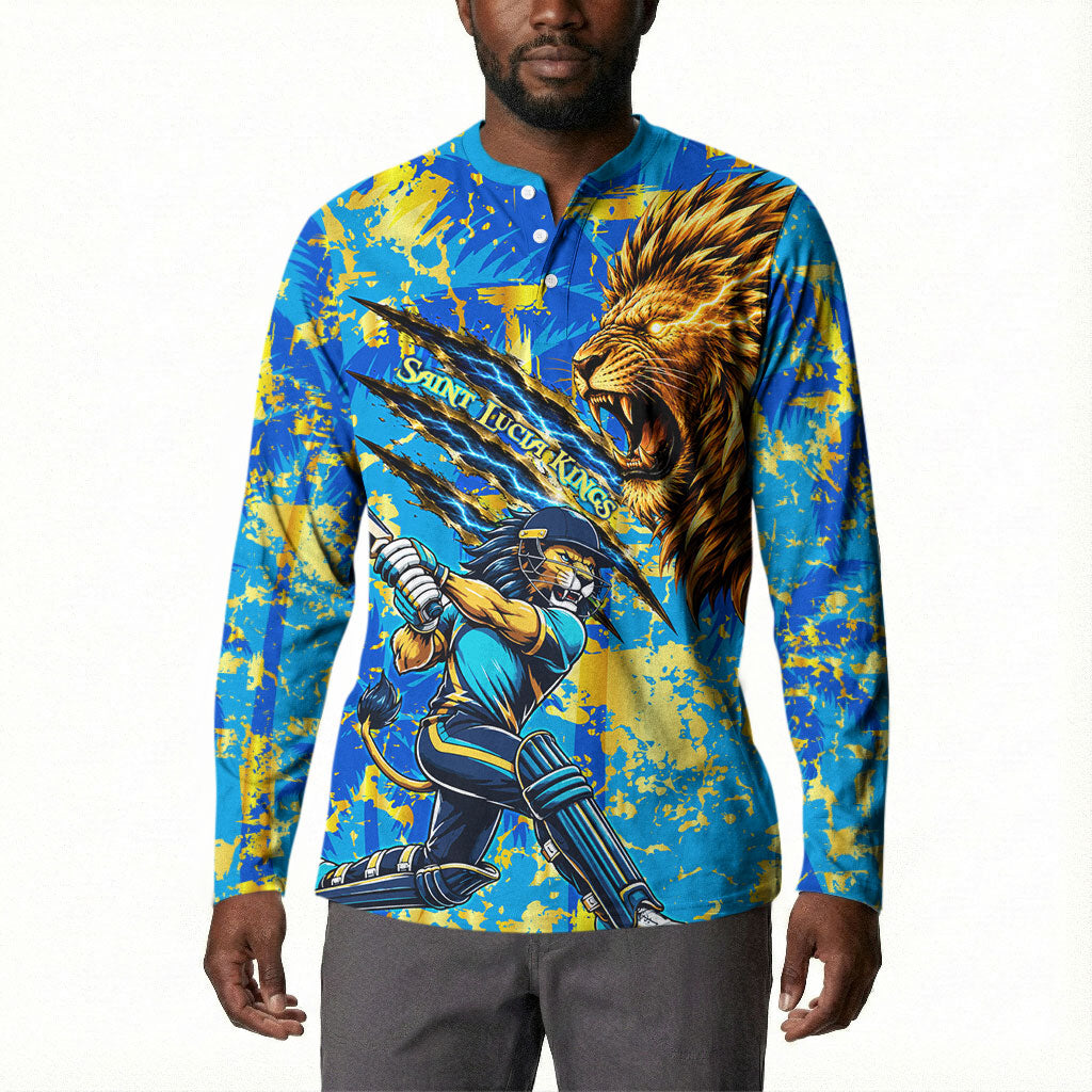 Saint Lucia Cricket Button Sweatshirt Kings Lion Unstoppable Mascot Art