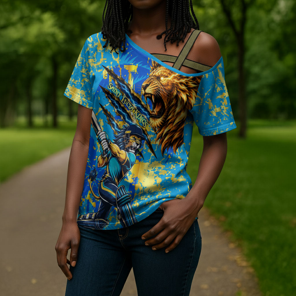 Saint Lucia Cricket Cross Shoulder Shirt Kings Lion Unstoppable Mascot Art