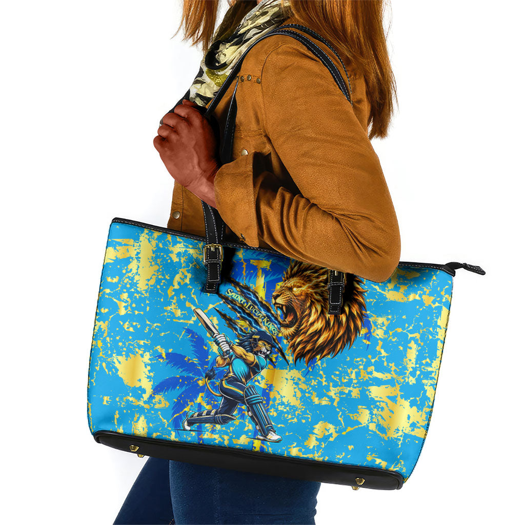 Saint Lucia Cricket Leather Tote Bag Kings Lion Unstoppable Mascot Art