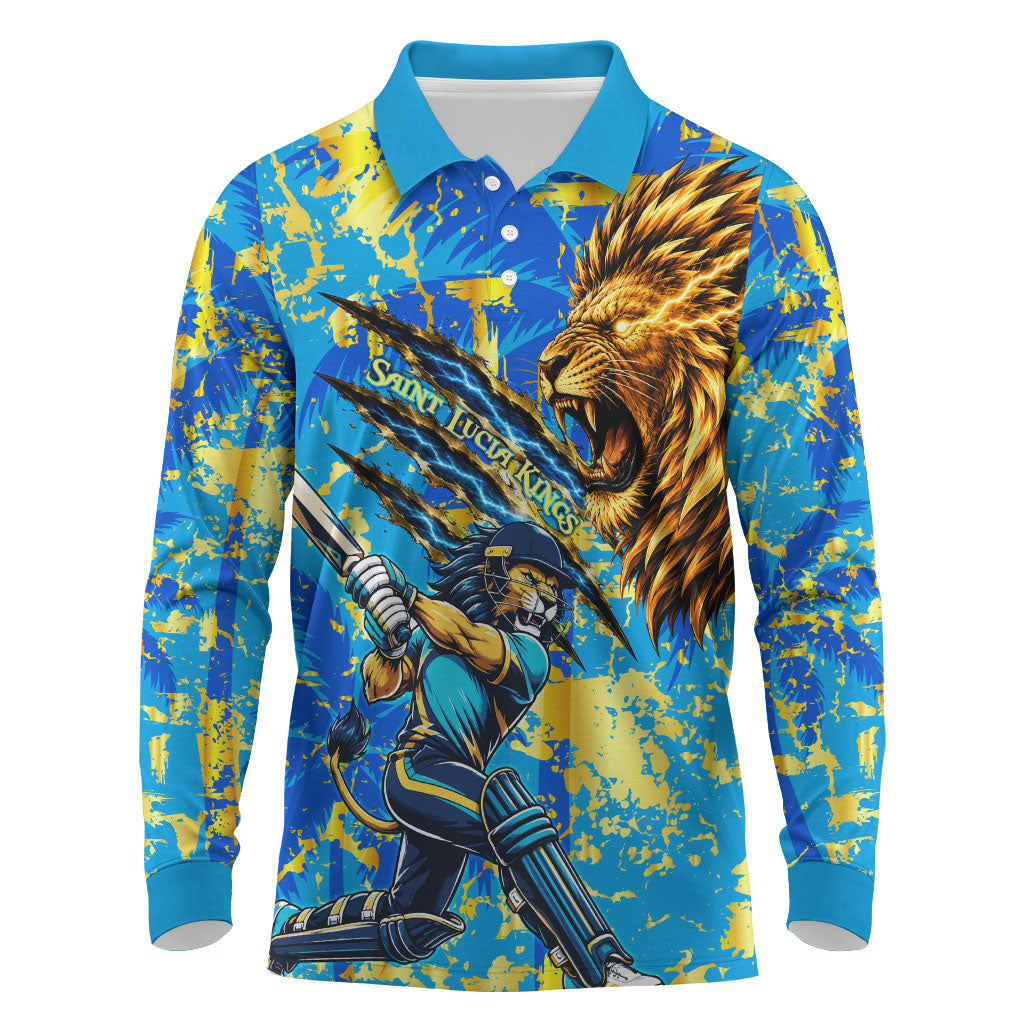 Saint Lucia Cricket Long Sleeve Polo Shirt Kings Lion Unstoppable Mascot Art