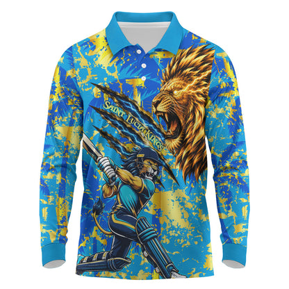 Saint Lucia Cricket Long Sleeve Polo Shirt Kings Lion Unstoppable Mascot Art