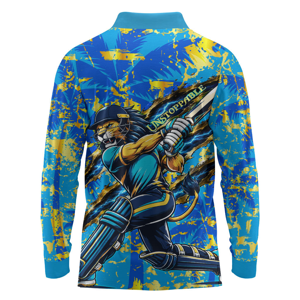 Saint Lucia Cricket Long Sleeve Polo Shirt Kings Lion Unstoppable Mascot Art