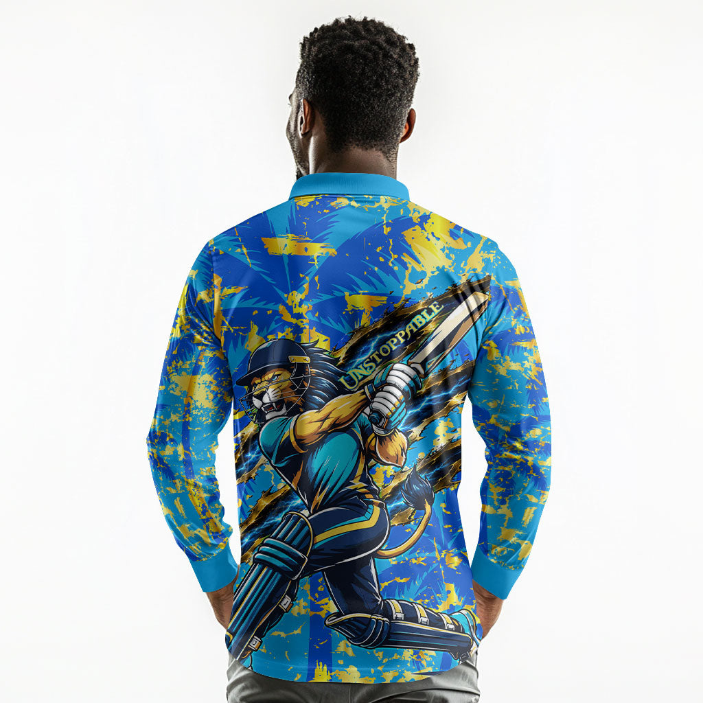 Saint Lucia Cricket Long Sleeve Polo Shirt Kings Lion Unstoppable Mascot Art