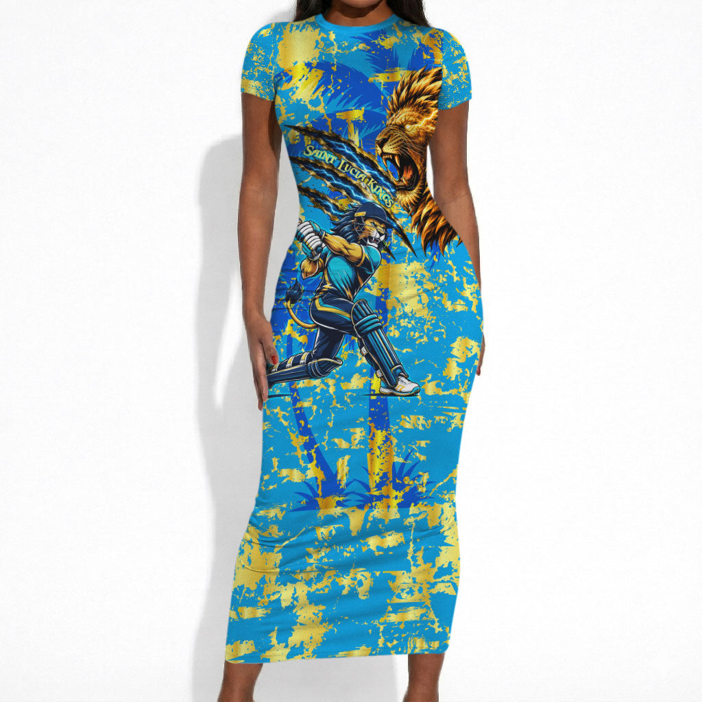 Saint Lucia Cricket Short Sleeve Bodycon Dress Kings Lion Unstoppable Mascot Art