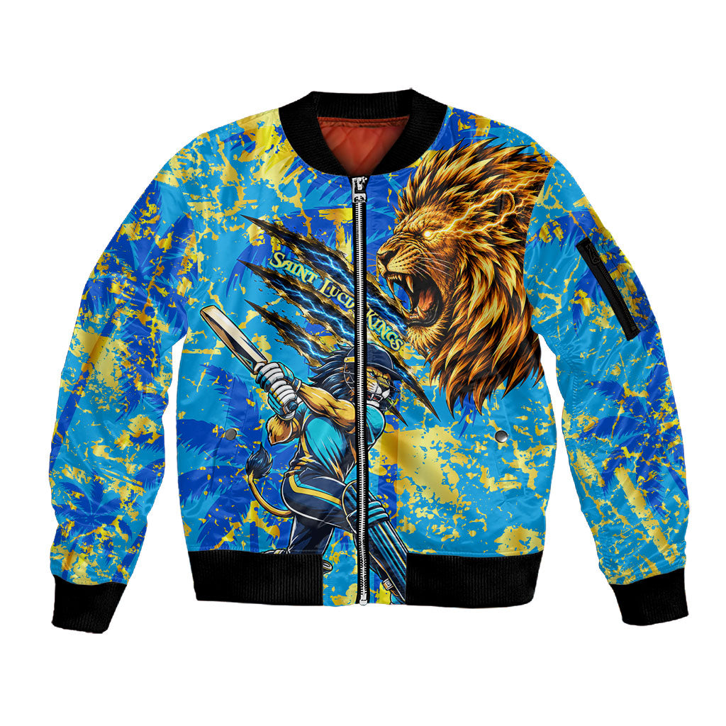 Saint Lucia Cricket Sleeve Zip Bomber Jacket Kings Lion Unstoppable Mascot Art