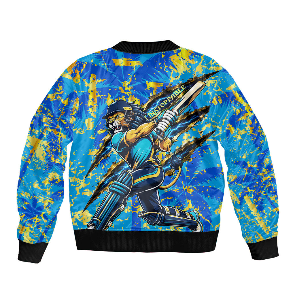 Saint Lucia Cricket Sleeve Zip Bomber Jacket Kings Lion Unstoppable Mascot Art
