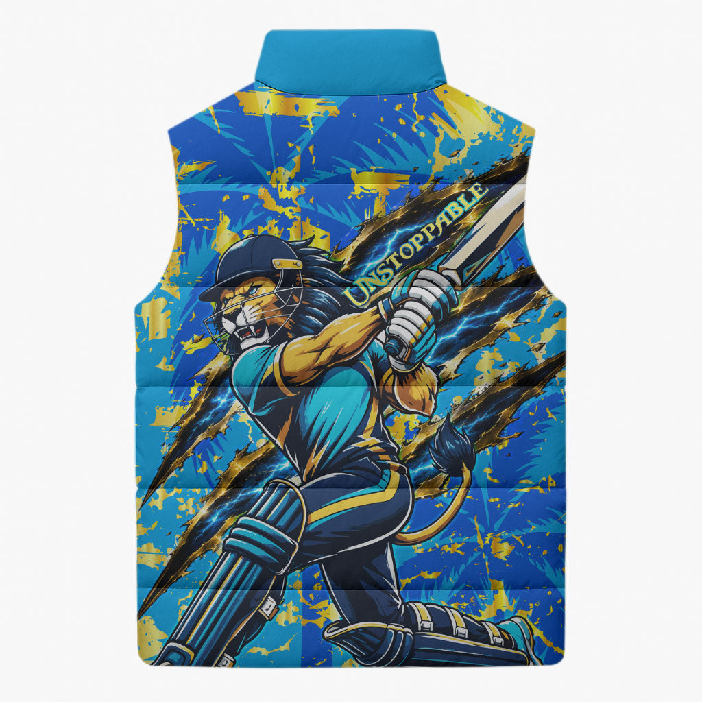 Saint Lucia Cricket Sleeveless Puffer Jacket Kings Lion Unstoppable Mascot Art