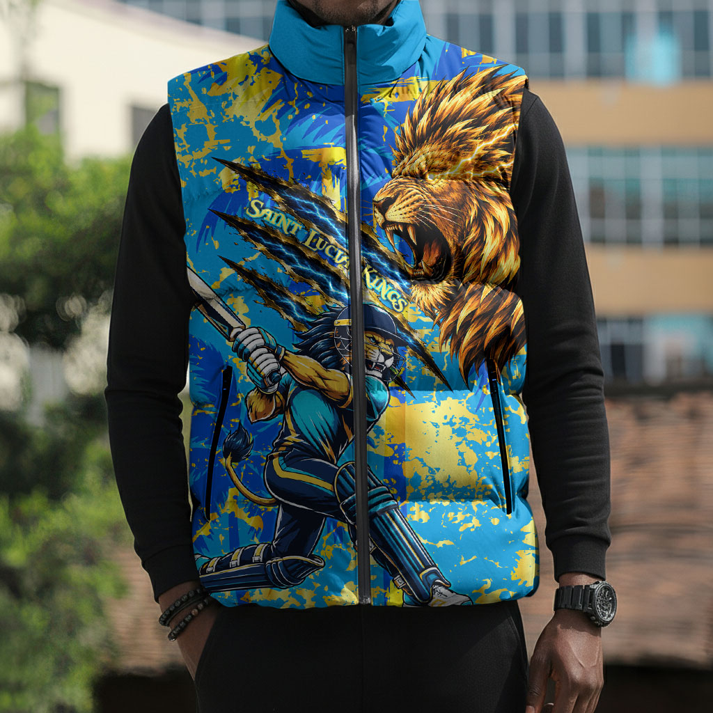 Saint Lucia Cricket Sleeveless Puffer Jacket Kings Lion Unstoppable Mascot Art