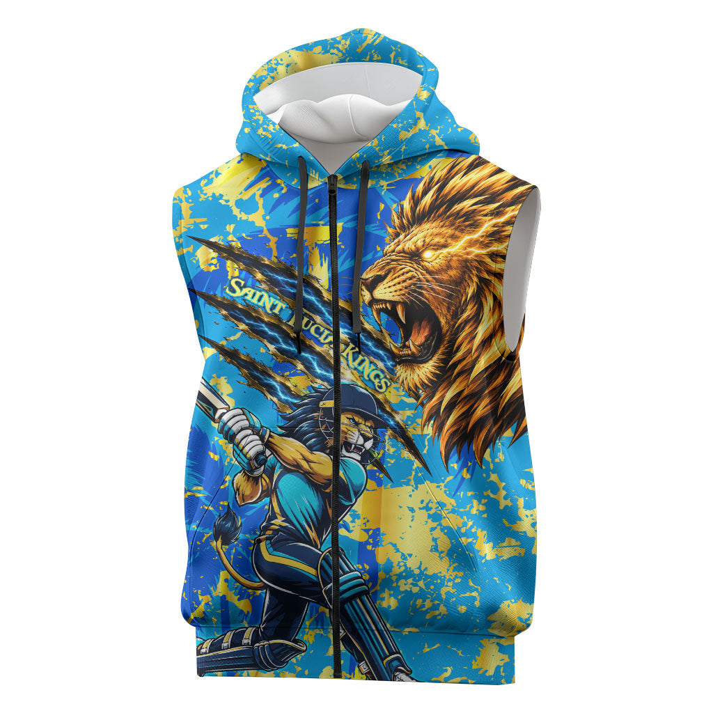 Saint Lucia Cricket Sleeveless Zip Hoodie Kings Lion Unstoppable Mascot Art