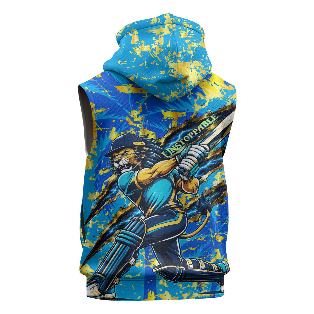 Saint Lucia Cricket Sleeveless Zip Hoodie Kings Lion Unstoppable Mascot Art