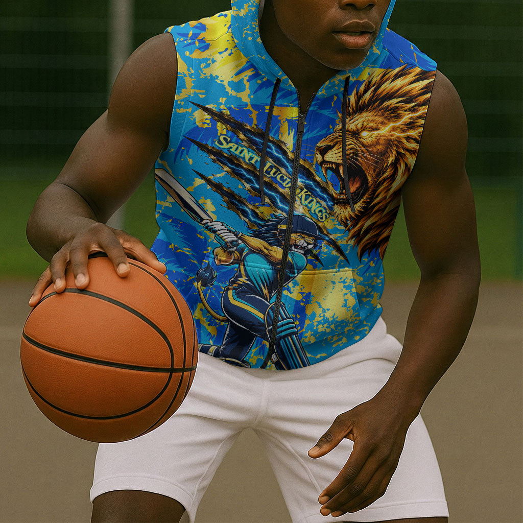 Saint Lucia Cricket Sleeveless Zip Hoodie Kings Lion Unstoppable Mascot Art