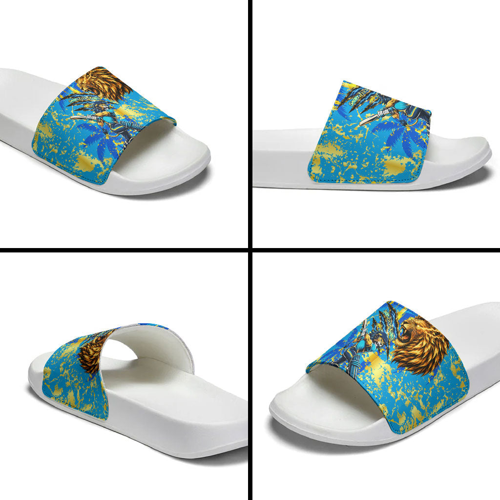 Saint Lucia Cricket Slide Sandals Kings Lion Unstoppable Mascot Art