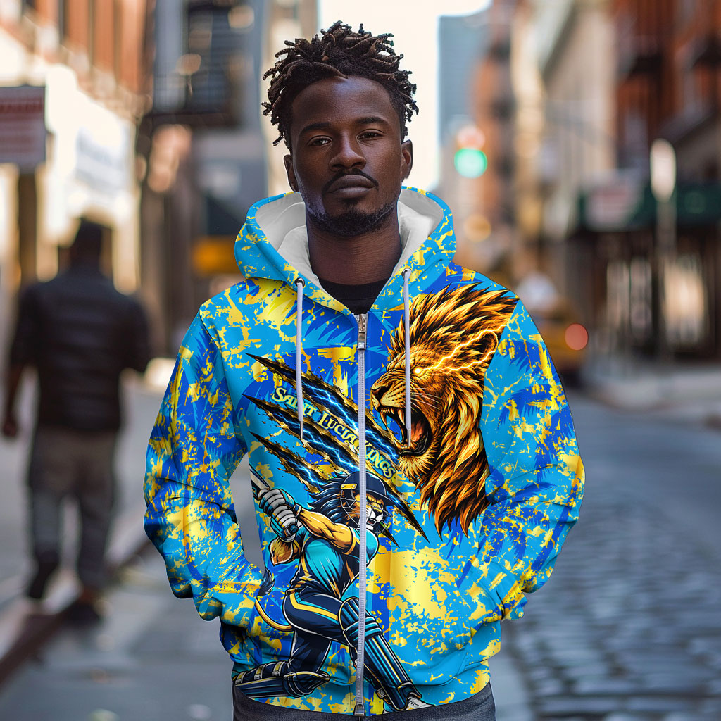 Saint Lucia Cricket Zip Hoodie Kings Lion Unstoppable Mascot Art