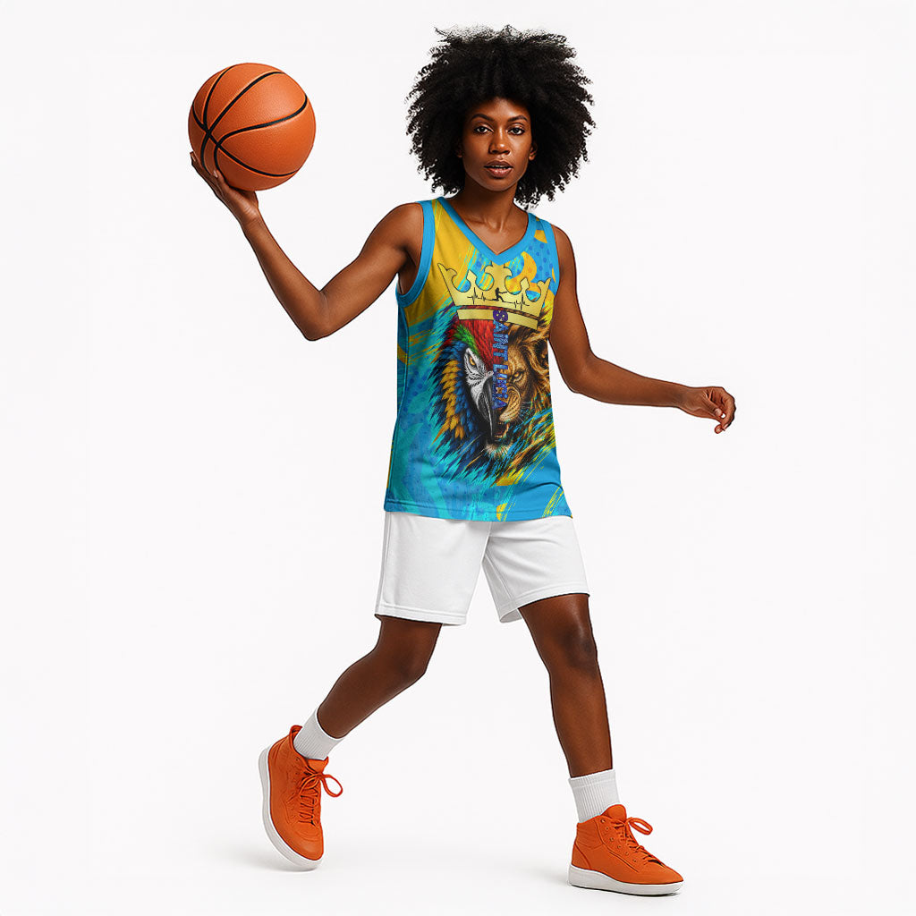 Saint Lucia Kings Cricket Basketball Jersey Crowned Lion And Parrot Half Style