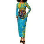 Saint Lucia Kings Cricket Long Sleeve Bodycon Dress Crowned Lion And Parrot Half Style
