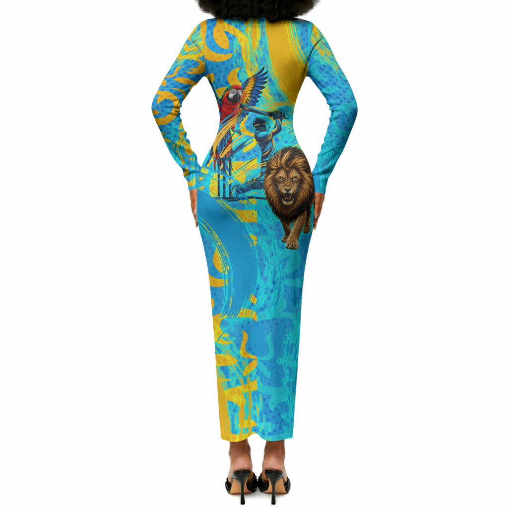 Saint Lucia Kings Cricket Long Sleeve Bodycon Dress Crowned Lion And Parrot Half Style