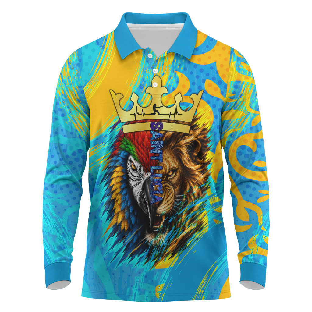 Saint Lucia Kings Cricket Long Sleeve Polo Shirt Crowned Lion And Parrot Half Style