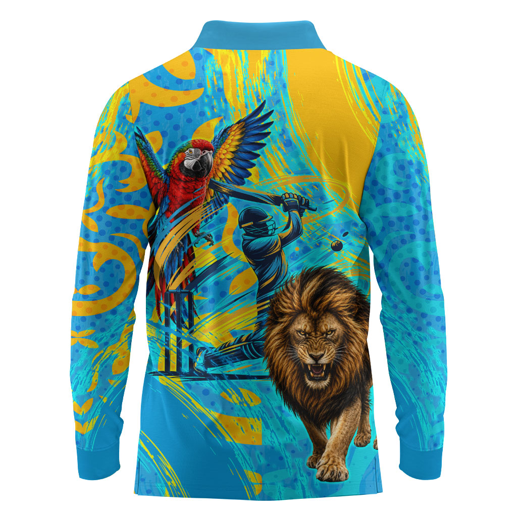 Saint Lucia Kings Cricket Long Sleeve Polo Shirt Crowned Lion And Parrot Half Style