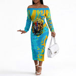 Saint Lucia Kings Cricket Off The Shoulder Long Sleeve Dress Crowned Lion And Parrot Half Style