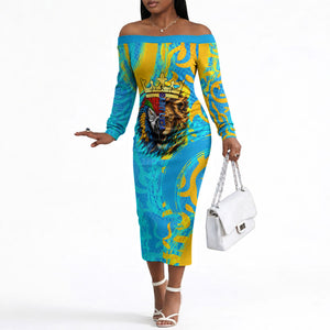Saint Lucia Kings Cricket Off The Shoulder Long Sleeve Dress Crowned Lion And Parrot Half Style