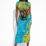 Saint Lucia Kings Cricket Short Sleeve Bodycon Dress Crowned Lion And Parrot Half Style