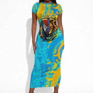 Saint Lucia Kings Cricket Short Sleeve Bodycon Dress Crowned Lion And Parrot Half Style