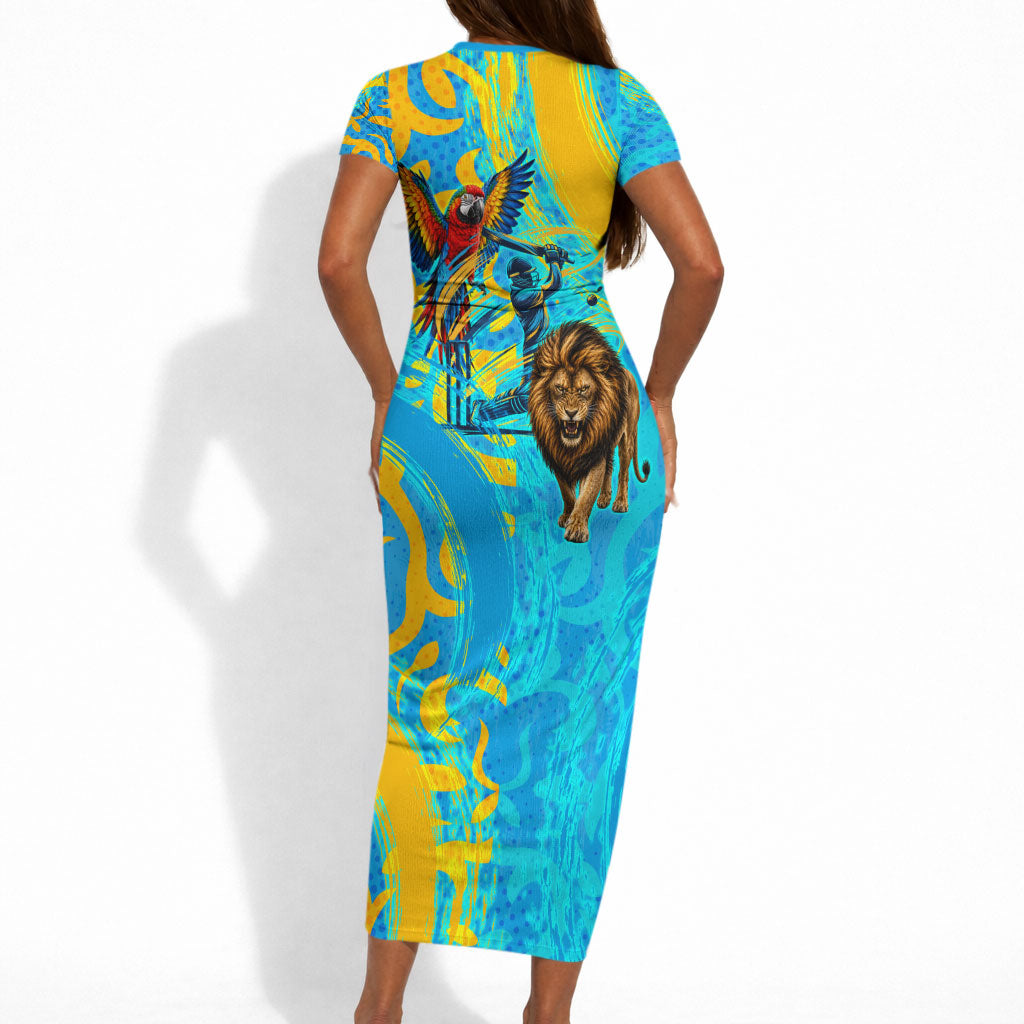 Saint Lucia Kings Cricket Short Sleeve Bodycon Dress Crowned Lion And Parrot Half Style