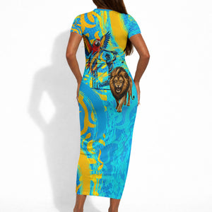 Saint Lucia Kings Cricket Short Sleeve Bodycon Dress Crowned Lion And Parrot Half Style