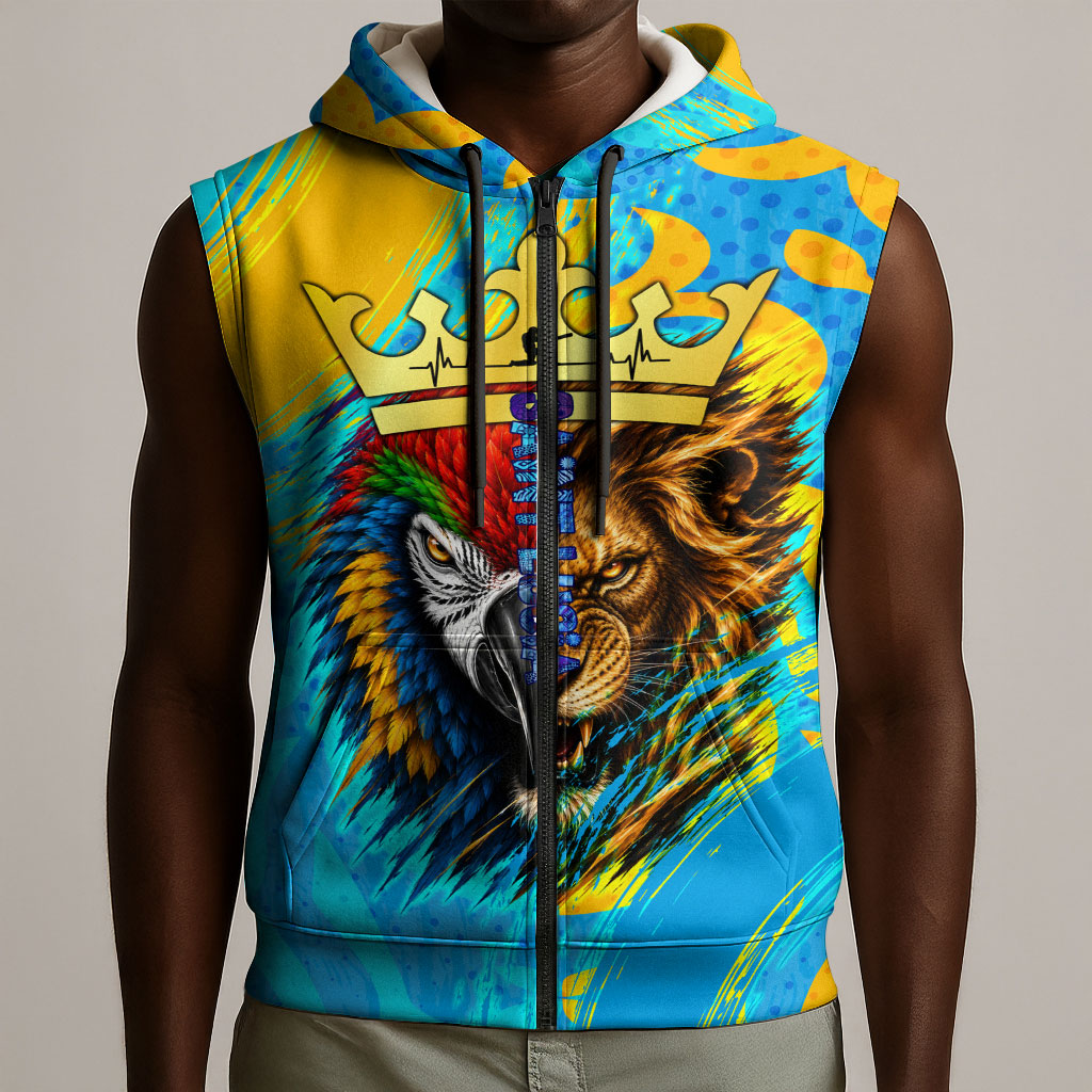 Saint Lucia Kings Cricket Sleeveless Zip Hoodie Crowned Lion And Parrot Half Style