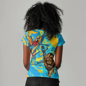 Saint Lucia Kings Cricket Women V-Neck T-Shirt Crowned Lion And Parrot Half Style