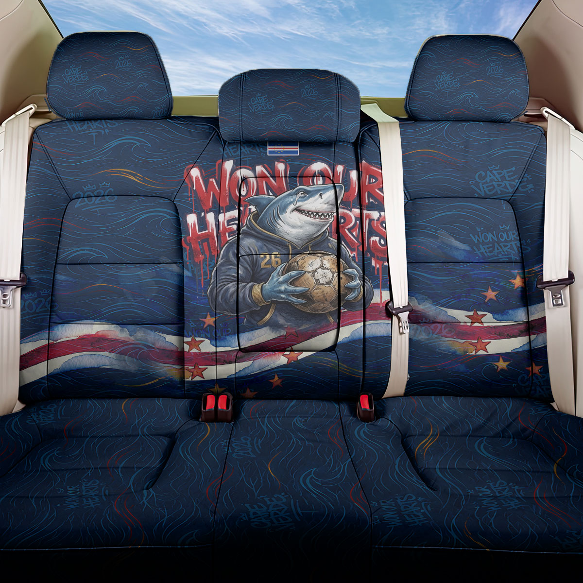 Cape Verde World Football 2026 Back Car Seat Cover Blue Sharks Won Our Hearts - Oil Paint Style
