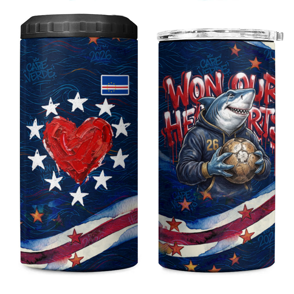 Cape Verde World Football 2026 4 in 1 Can Cooler Tumbler Blue Sharks Won Our Hearts - Oil Paint Style