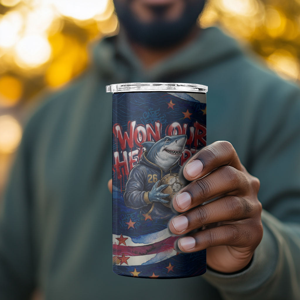 Cape Verde World Football 2026 4 in 1 Can Cooler Tumbler Blue Sharks Won Our Hearts - Oil Paint Style