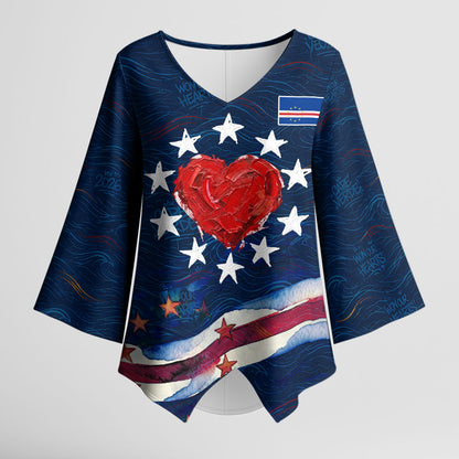 Cape Verde World Football 2026 Kimono Sleeve Blouse Blue Sharks Won Our Hearts - Oil Paint Style
