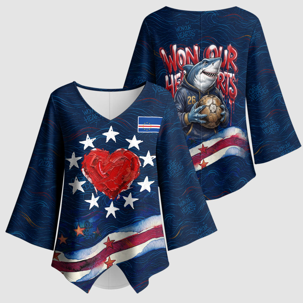 Cape Verde World Football 2026 Kimono Sleeve Blouse Blue Sharks Won Our Hearts - Oil Paint Style